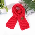 Detail of red chunky knit scarf featuring a brown leather brand tag on white surface - Red