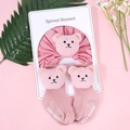 Detailed set of baby pink cotton turban and matching ribbed socks with plush bear ears - Pink Bear Style (Bonnet Socks) / Dusty Pink