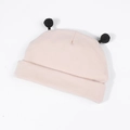 Bonnet en tricot rose pour bébé avec deux pompons noirs et un bord plié confortable - Café Clair