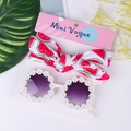 Kids round daisy sunglasses and watermelon print bow headband set on display card - Watermelon Print And Daisy Sunglasses / Red