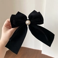 Grande molletta per capelli in velluto nero con perla finta e strass scintillanti - Stile Nastro con Perle e Strass / Nero con Nastro