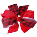 Detailed view of large Buffalo Plaid and red grosgrain ribbon layered Christmas hair bow - Red Black Plaid Contrast Style (5#)