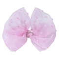 Dettaglio di un fermaglio per capelli con fiocco in organza rosa e centro di strass - Rosa