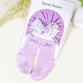 Purple cotton baby turban hat with lace bow and matching anti-slip socks set - Purple Bowknot