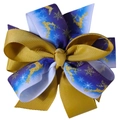 Detail of a festive layered ribbon bow with gold elk and snowflake patterns for kids - Blue Gold Reindeer Gradient Style (6#)