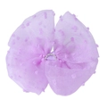 Detailed close-up of lavender bow hair clip with mesh polka dots and rhinestone center - Purple