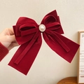 Elegant red velvet bow hair clip with luxury pearl and rhinestone center details - Pearl Rhinestone Burgundy Ribbon Style / Burgundy Ribbon Style