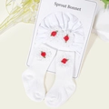 Cotton baby bonnet and ribbed socks set with lace flowers and red roses detail - White Bouquet