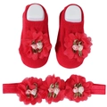 Détail de chaussettes et bandeau rouges pour bébé avec applique florale en maille 3D - Floral Rouge