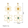 Detailed view of gold hollow daisy earrings with measurements 8cm height and 3.5cm width - Hollow Double Flower Green Yellow Stone Dangles (SFLE745-A)