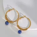 Boucles d'oreilles créoles dorées style français avec perle en pierre naturelle bleue - Bleu Foncé (S-E469-shenlan)
