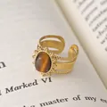 Anello aperto vintage stile francese placcato oro 14K con pietra occhio di tigre - Stile Occhio di Tigre Oro Vintage (S-R521)