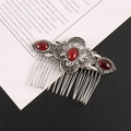 Vintage-Haarkamm aus Silber mit Metallmustern und drei roten ovalen Edelsteinen - Silber
