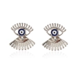 Chic silver evil eye stud earrings with blue enamel and eyelash detail on white back - Silver Evil Eye Earrings
