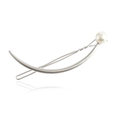 Minimalist silver metal long bow hairpin featuring a single white pearl accent for women - Matte Silver