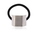 Minimalist black elastic hair tie with a sleek curved silver trapezoid metal buckle - Brushed Silver