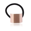 Minimalist elastic hair tie with rose gold trapezoid metal plate on white background - Brushed Rose Gold