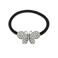 Detail of black elastic hair tie with silver butterfly featuring inlaid white pearls - Silver Artificial Pearl Butterfly (FS-000478)
