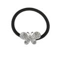 Detailed view of black elastic hair tie with silver butterfly set with sparkling rhinestones - Silver Rhinestone Butterfly (FS-000478)