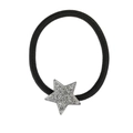 Detail of black elastic hair tie with a silver star pendant featuring inlaid rhinestones - Silver Rhinestone