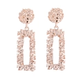 Detail of rose gold rectangular drop earrings with textured hammered finish and stud tops - Hollow Geometric Earrings / Rose Gold Square