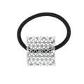 Detail of square silver mesh hair tie with inlaid pearls and sparkling crystals - Silver Pearl