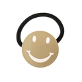 Zwart elastisch haarelastiekje met een ronde gouden smiley metalen bedel op wit - Goud
