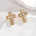 Elegant gold cross earrings with white cubic zirconia and vintage beaded texture details - Cross Rhinestone (S-E632-gs) / Zirconia Style