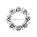 Silver wreath brooch with white pearls and sparkling red rhinestones on a white background - Silver, White Rhinestone
