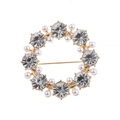 Elegant gold round floral brooch with sparkling rhinestones and white pearls for parties - Gold, White Rhinestone