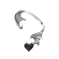 Ασημένιο ear cuff φτερό δράκου με μαύρη καρδιά διαβόλου σε πανκ γοτθικό στυλ - Ασημί