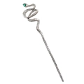 Gothic silver snake hair pin with green gemstone teardrop and detailed scale texture - Antique Silver