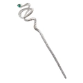Modern snake hair pin in silver finish featuring a vibrant green gemstone accent - Silver