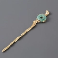 Golden irregular wavy metal hair pin with green jade-like ring ornament for women - Gold