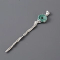 Minimalist silver wave hair pin with green jade ring pendant in Zen style aesthetic - Silver