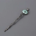 Vintage irregular dark metal hair pin featuring a pale green jade stone insert - Black