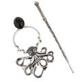 Gotisches Oktopus-Haarnadel-Set in Antiksilber mit schwarzem Edelstein auf weißem Grund - Antiksilber