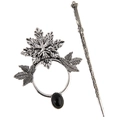 Makroaufnahme einer Haarspange mit Ahornblatt-Motiv im Vintage-Silber-Stil mit schwarzem Stein - Antiksilber