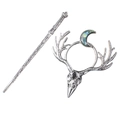 Set di forcina e anello gotico con teschio di corvo e pietra di luna crescente - Argento Antico
