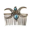 Peigne à cheveux vintage en alliage de bronze avec motif lune et pentagramme et cristaux bleus - Doré