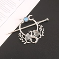 Gothic dragon moon hair pin with blue bead in vintage silver alloy finish - Flying Dragon Moon Hair Stick / Antique Silver