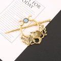 Golden dragon hair stick set with crescent moon design and light blue gemstone inlay - Flying Dragon Moon Hair Stick / Antique Gold
