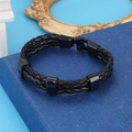Men's triple-layer black braided leather bracelet with polished black metal sliders and clasp - Triple Black Beads Style (BMB-0093-3个珠子+手镯黑色)