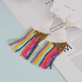 Macro detail of Bohemian beaded fringe earrings with colorful tassels and gold ear hooks - Triangle Multicolor (E-0014)