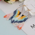 Detail of bohemian handmade colorful bead fringe earrings with gold triangular frame - Yellow Blue White Pink (E-0014)