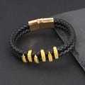 Men's double braided black leather bracelet with six golden claw pendants and magnetic clasp - Black + Gold