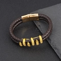 Men's retro brown braided leather bracelet with golden metal studs and magnetic clasp - Coffee and Gold