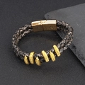 Pulsera de cuero trenzado para hombre con cierre magnético dorado y anillos metálicos - Negro Blanco Vintage y Dorado