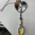 Heart-shaped Tree of Life suncatcher with multi-color stones and a crystal prism teardrop - Heart Multi Stone Teardrop (NS-0065-10)
