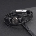 Pulsera de cuero trenzado multicapa para hombre con placa de tótem y cierre magnético - Negro